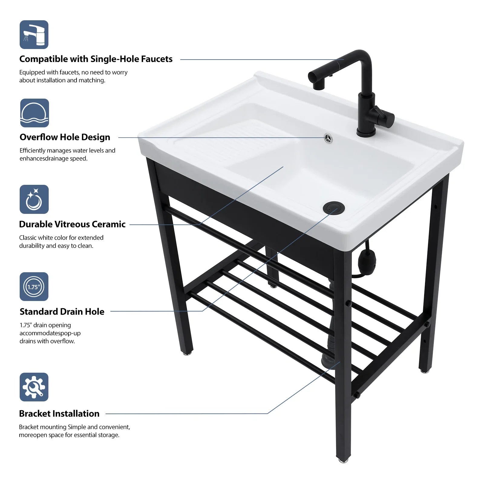 28in White Ceramic Console Laundry Sink Rectangular Bathroom Sink with Integrated Washboard Stainless Pedestal Ledge Vessel Sink  from Lordear