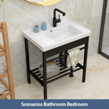 28in White Ceramic Console Laundry Sink Rectangular Bathroom Sink with Integrated Washboard Stainless Pedestal Ledge Vessel Sink  from Lordear