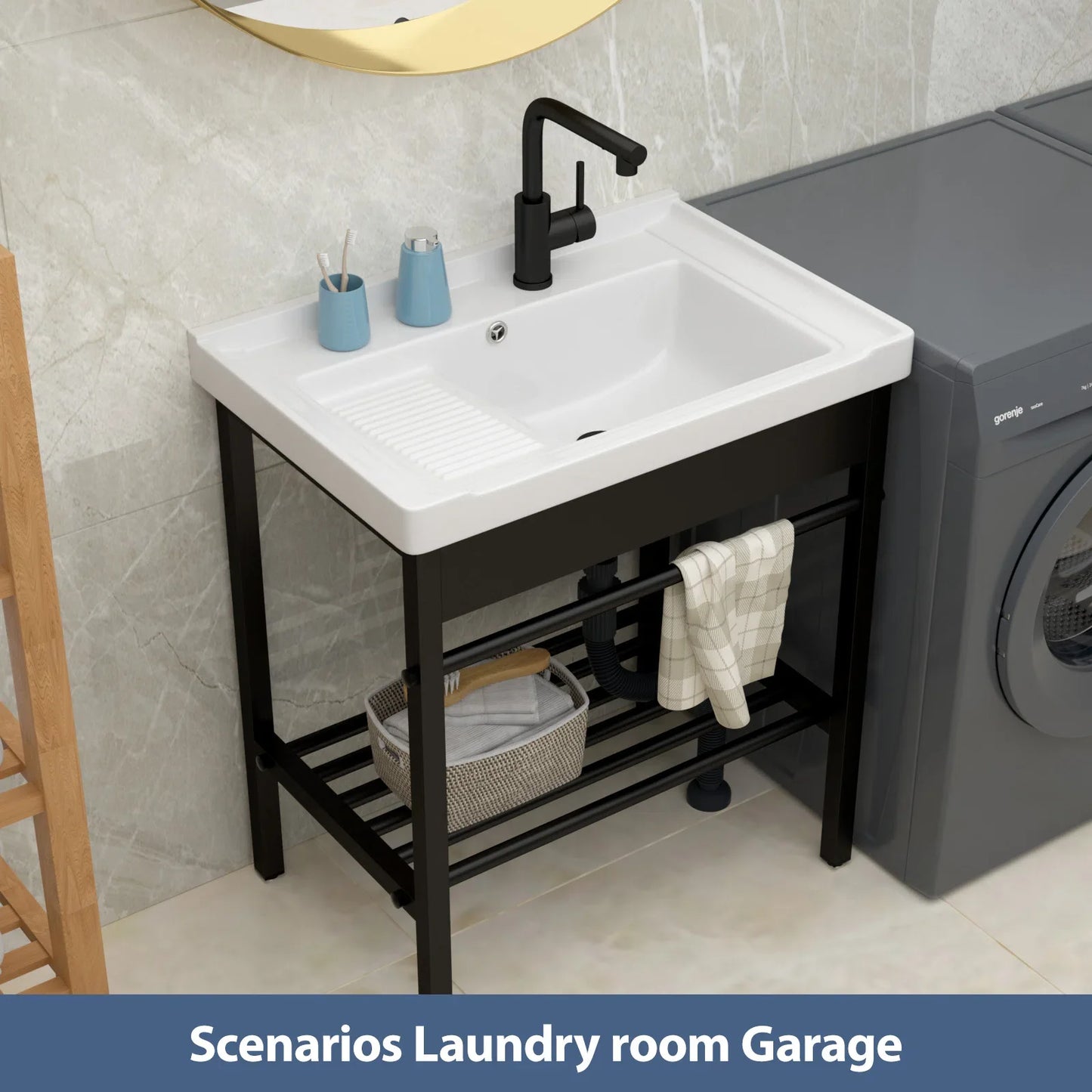 28in White Ceramic Console Laundry Sink Rectangular Bathroom Sink with Integrated Washboard Stainless Pedestal Ledge Vessel Sink  from Lordear