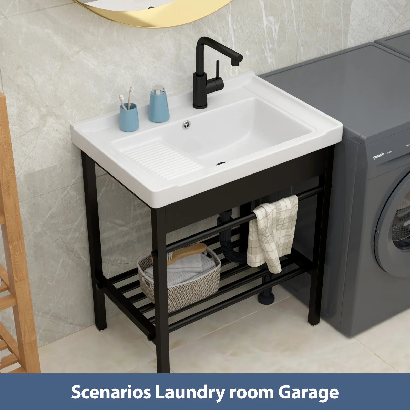28in White Ceramic Console Laundry Sink Rectangular Bathroom Sink with Integrated Washboard Stainless Pedestal Ledge Vessel Sink  from Lordear