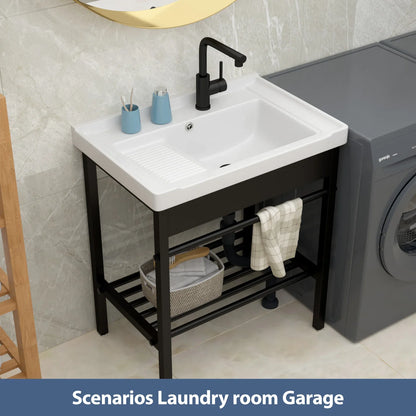 28in White Ceramic Console Laundry Sink Rectangular Bathroom Sink with Integrated Washboard Stainless Pedestal Ledge Vessel Sink  from Lordear