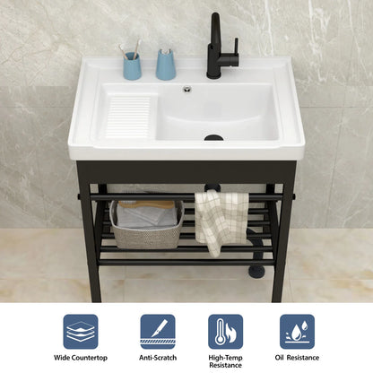 28in White Ceramic Console Laundry Sink Rectangular Bathroom Sink with Integrated Washboard Stainless Pedestal Ledge Vessel Sink  from Lordear