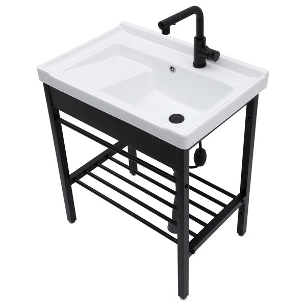 28in White Ceramic Console Laundry Sink Rectangular Bathroom Sink with Integrated Washboard Stainless Pedestal Ledge Vessel Sink  from Lordear