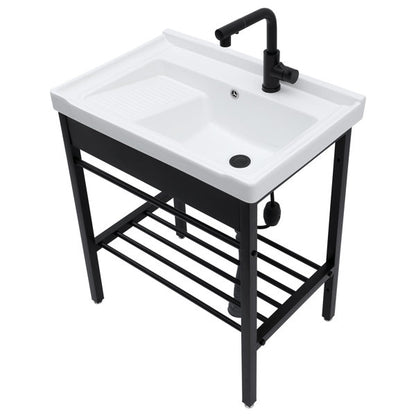 28in White Ceramic Console Laundry Sink Rectangular Bathroom Sink with Integrated Washboard Stainless Pedestal Ledge Vessel Sink  from Lordear