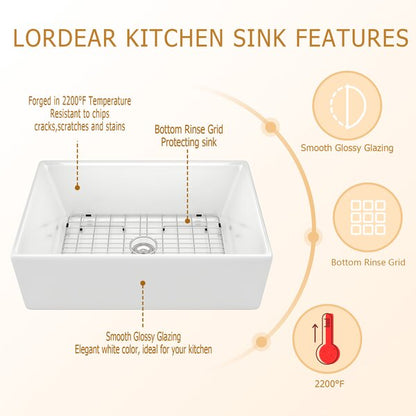 Lordear 30" Ceramic Fireclay Porcelain Apron-Front Single Bowl Farm Kitchen Sink  from Lordear