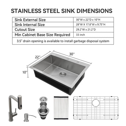 33in L x 22in W Drop In Kitchen Sink with Pull-out Faucet 16 Gauge Stainless Steel Topmount Single Bowl Sink  from Lordear