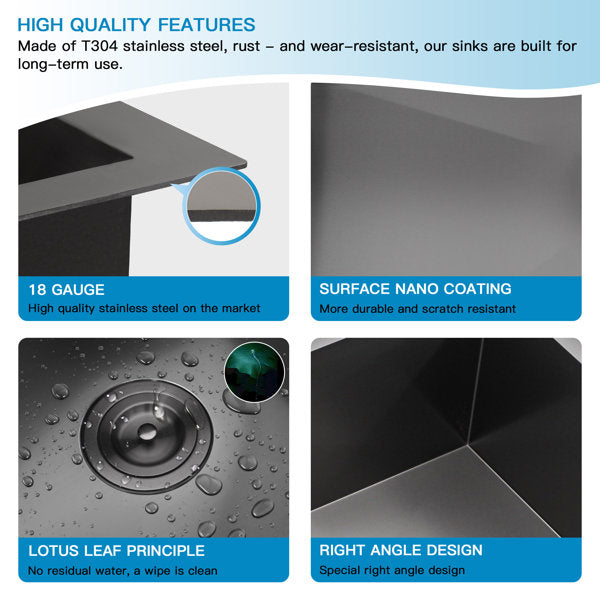 Lordear 30" x 22" Stainless Steel Black Single Bowl Drop-in Kitchen Sink  from Lordear