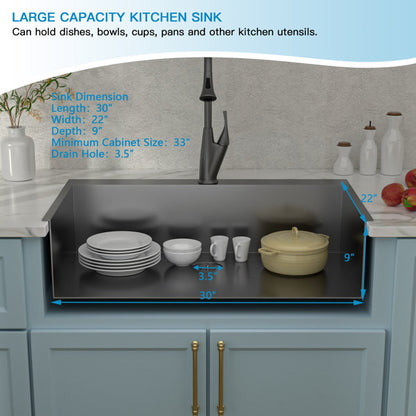 Lordear 30" x 22" Stainless Steel Black Single Bowl Drop-in Kitchen Sink  from Lordear