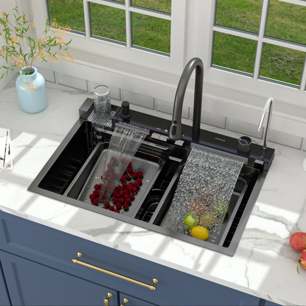 Lordear 30'' Stainless Steel Drop In Waterfall Single Bowl Digital Display Workstation Kitchen Sink  from Lordear