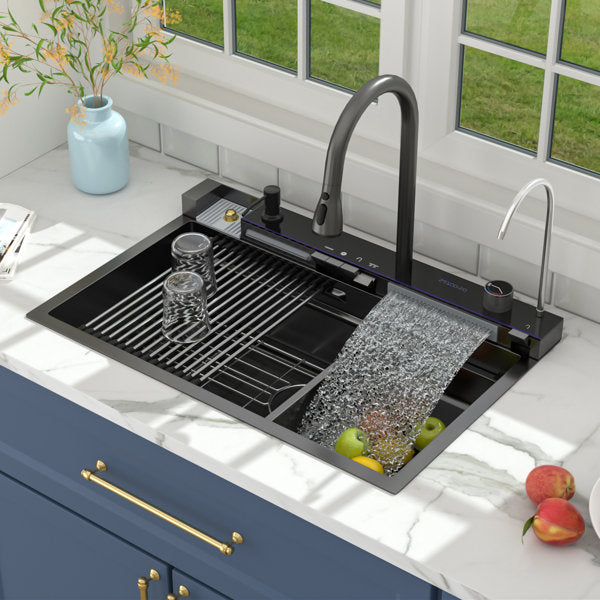 Lordear 30'' Stainless Steel Drop In Waterfall Single Bowl Digital Display Workstation Kitchen Sink  from Lordear