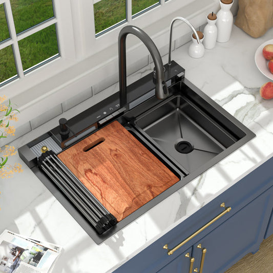 30inx19in Digital Display Waterfall Kitchen Sink 16 Gauge Stainless Steel Workstation Kitchen Sink Drop In Single Bowl  Kitchen Sink with Accessories  from Lordear