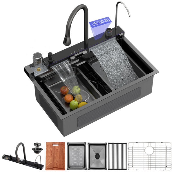 Lordear 30'' Stainless Steel Drop In Waterfall Single Bowl Digital Display Workstation Kitchen Sink  from Lordear