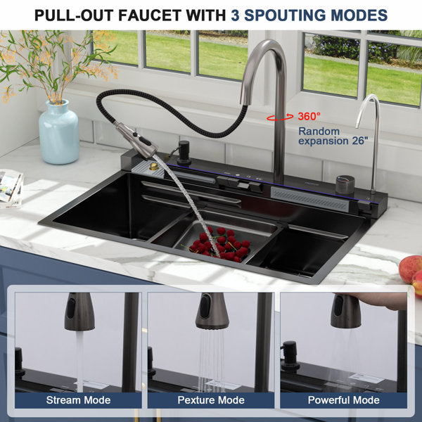 Lordear 30'' Stainless Steel Drop In Waterfall Single Bowl Digital Display Workstation Kitchen Sink  from Lordear