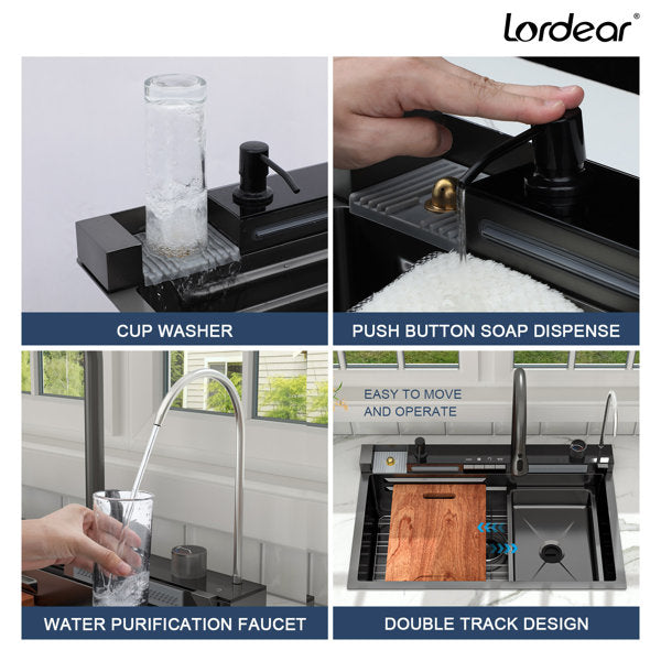 Lordear 30'' Stainless Steel Drop In Waterfall Single Bowl Digital Display Workstation Kitchen Sink  from Lordear