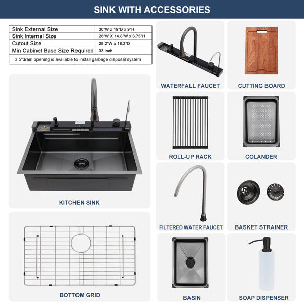 Lordear 30'' Stainless Steel Drop In Waterfall Single Bowl Digital Display Workstation Kitchen Sink  from Lordear