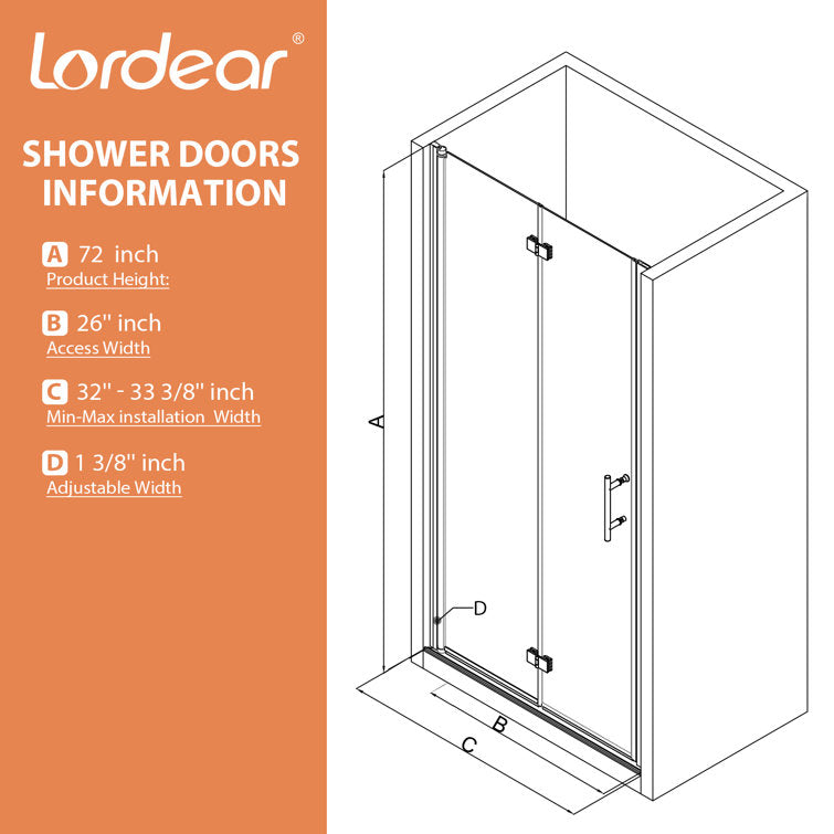 32 in.W x 72 in.H Bifold Frameless Clear Glass Shower Door 1/4 in. Fold Glass Matte Black Shower Door  from Lordear