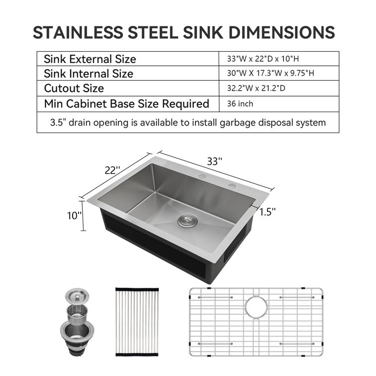 Lordear 33" x 22" Stainless Steel Drop-In Single Bowl Kitchen Sink  from Lordear