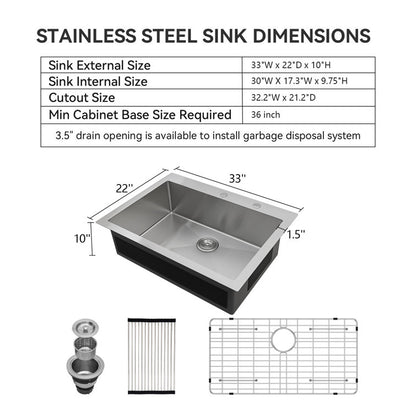Lordear 33" x 22" Stainless Steel Drop-In Single Bowl Kitchen Sink  from Lordear