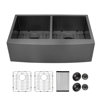 Lordear 33" Stainless Steel Double Bowl Gunmetal Black Apron Front Farmhouse Kitchen Sink  from Lordear