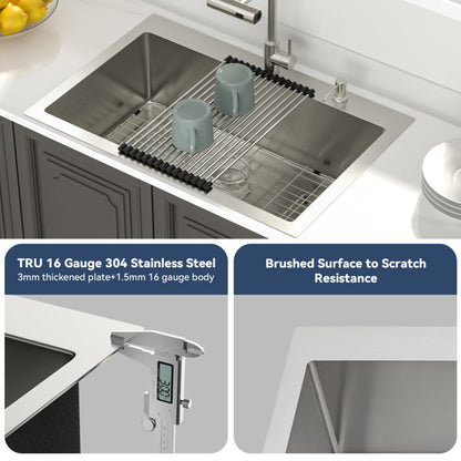 33in L x 22in W Drop In Kitchen Sink with Pull-out Faucet 16 Gauge Stainless Steel Topmount Single Bowl Sink  from Lordear