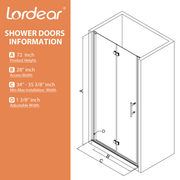 34 in.W x 72 in.H Bifold Frameless Glass Shower Door 1/4 in. Fold Clear Glass Shower Door ¨C  Matte Black Finish  from Lordear
