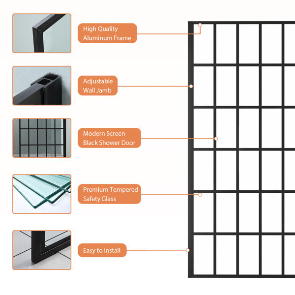 Lordear Tempered Glass Matte Black Grid Single Panel Frameless Fixed Shower Door  from Lordear