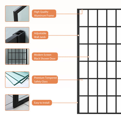 Lordear Tempered Glass Matte Black Grid Single Panel Frameless Fixed Shower Door  from Lordear