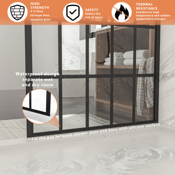 Lordear Tempered Glass Matte Black Grid Single Panel Frameless Fixed Shower Door  from Lordear