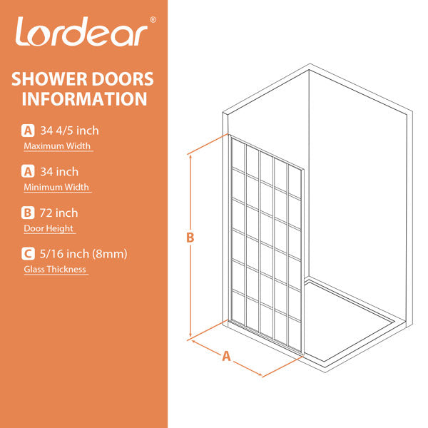 Lordear Tempered Glass Matte Black Grid Single Panel Frameless Fixed Shower Door  from Lordear