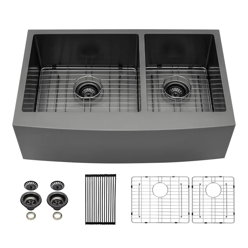 Lordear 36" ‎Stainless Steel Gunmetal Black Apron Front Double Bowl Farmhouse Kitchen Sink  from Lordear