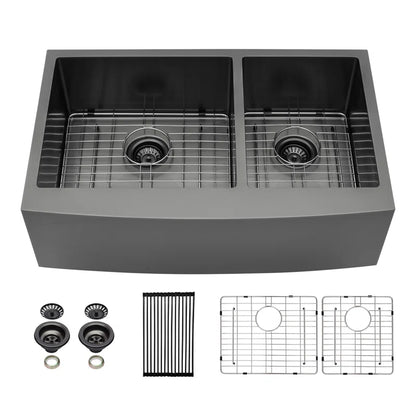 Lordear 36" ‎Stainless Steel Gunmetal Black Apron Front Double Bowl Farmhouse Kitchen Sink  from Lordear