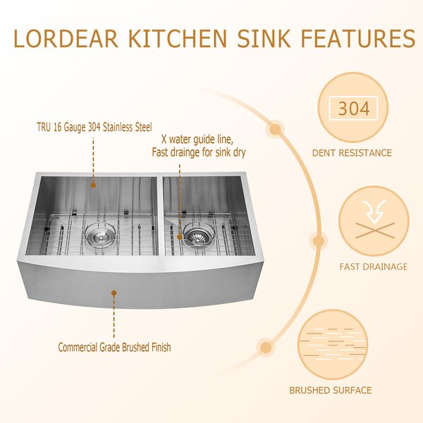 Lordear 36" Stainless Steel Apron Front Double Bowl Farmhouse Kitchen Sink  from Lordear