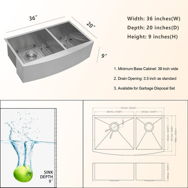 Lordear 36" Stainless Steel Apron Front Double Bowl Farmhouse Kitchen Sink  from Lordear
