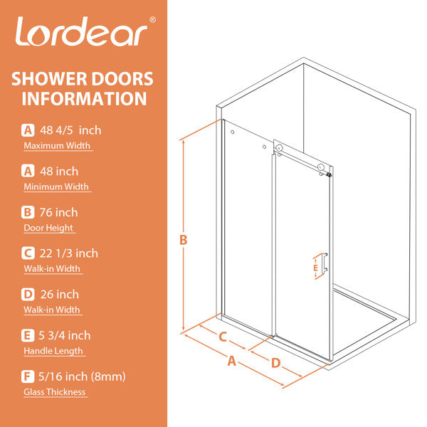 Lordear 48" W x 76" H Tempered Glass Frameless Sliding Clear Bathroom Shower Door  from Lordear