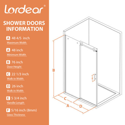 Lordear 48" W x 76" H Tempered Glass Frameless Sliding Clear Bathroom Shower Door  from Lordear