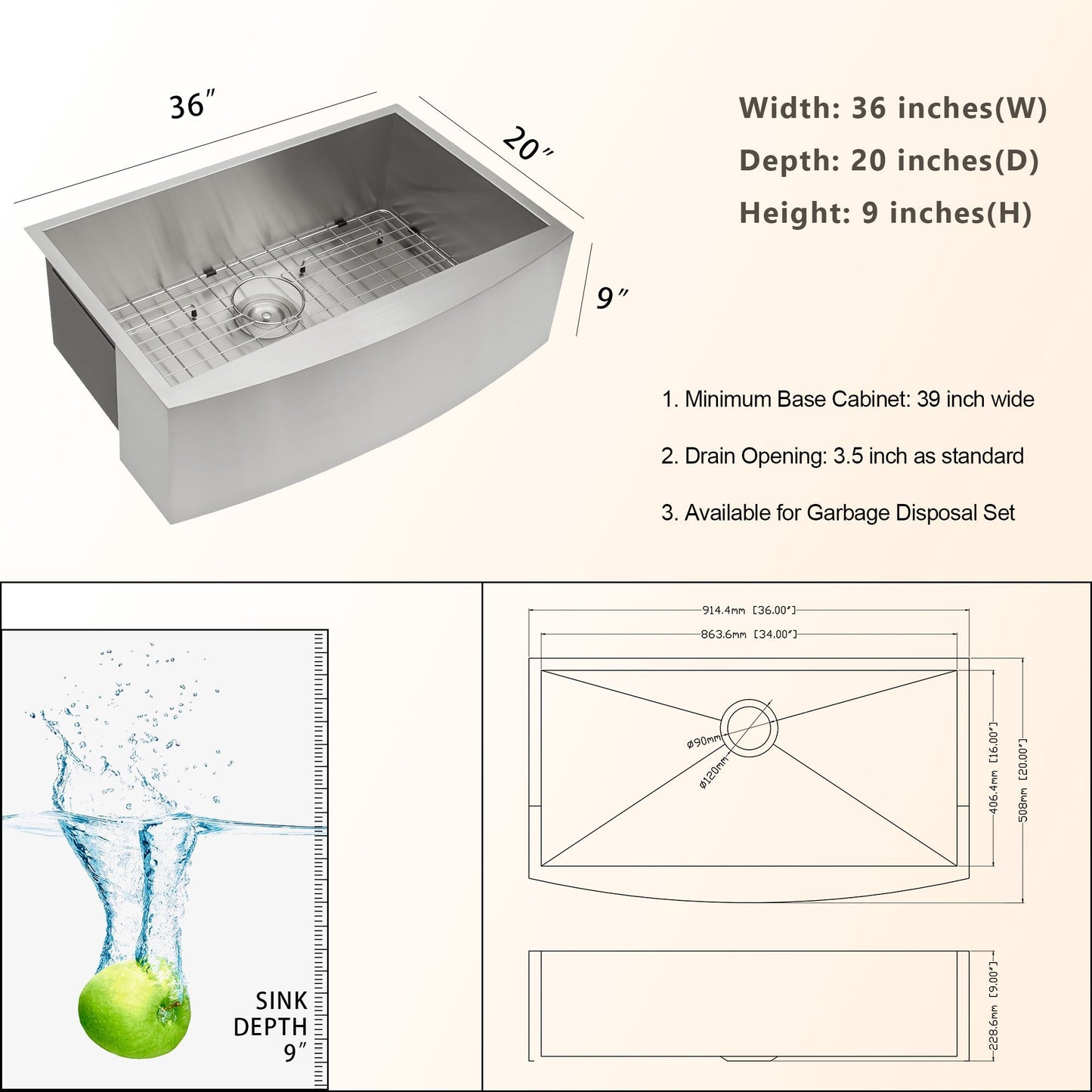 Lordear 36" Stainless Steel Undermount Single Bowl Farmhouse Kitchen Sink  from Lordear