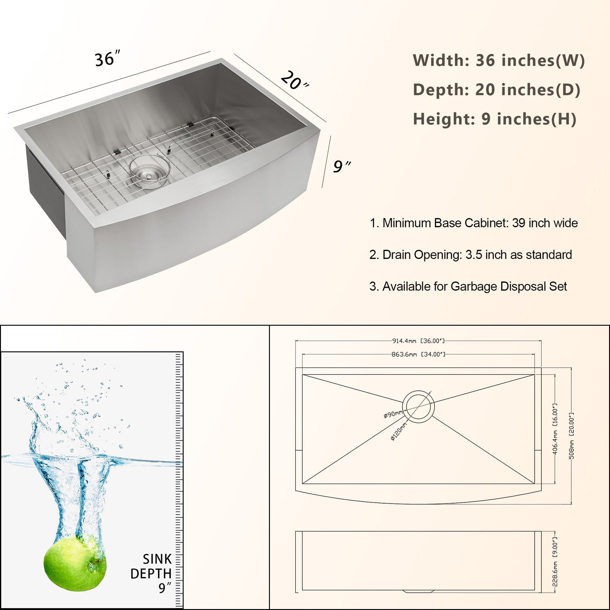 Lordear 36" Stainless Steel Undermount Single Bowl Farmhouse Kitchen Sink  from Lordear