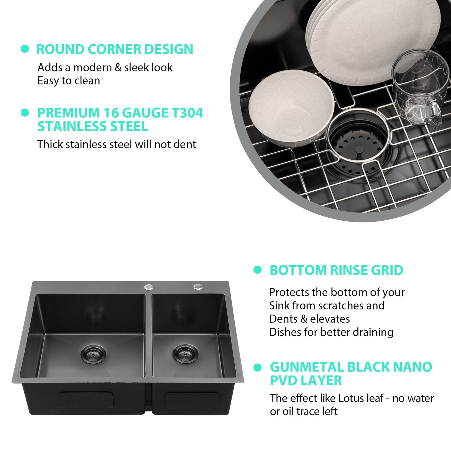 Lordear 33" Stainless Steel Gunmetal Black Double Bowl Drop-in Kitchen Sink  from Lordear