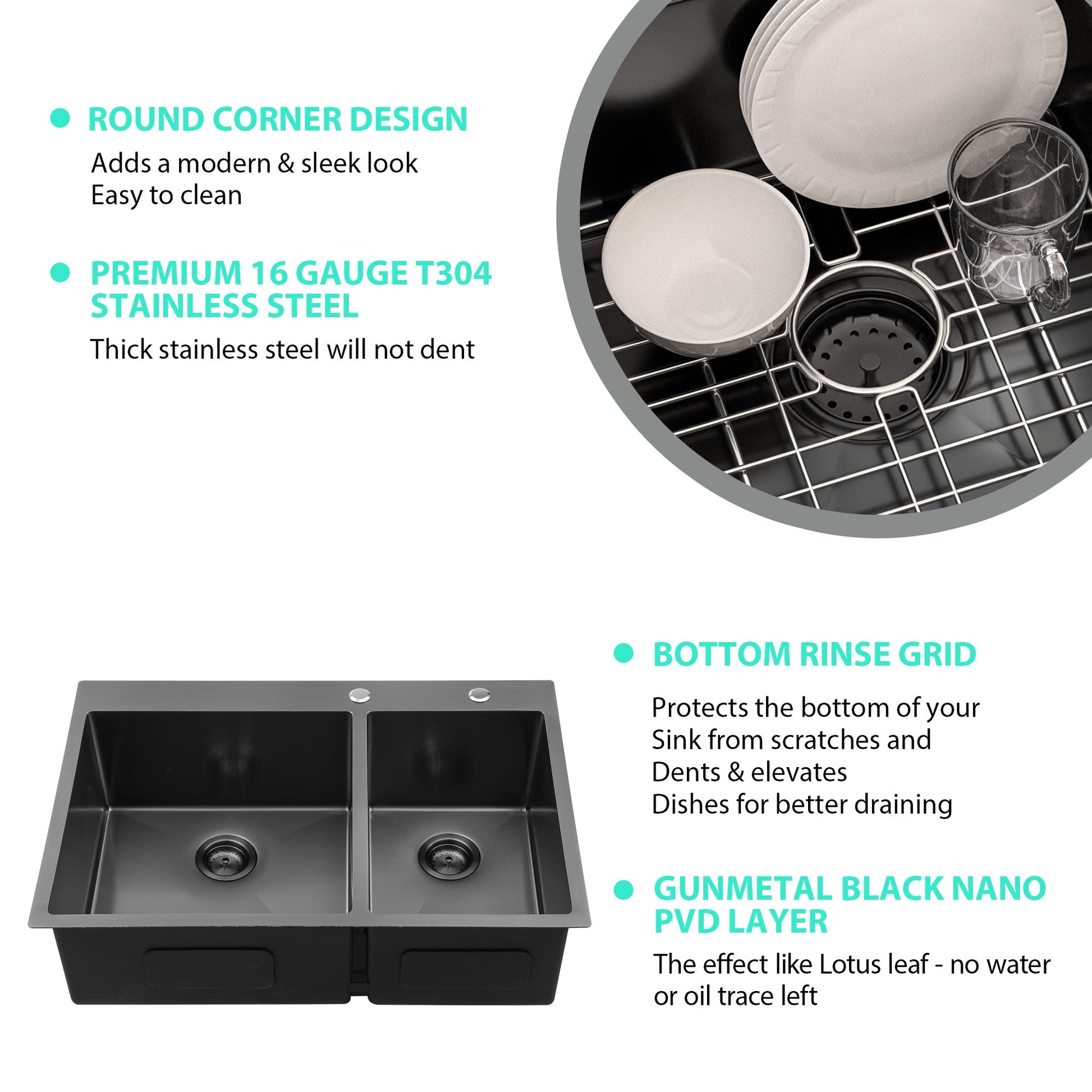 Lordear 33" Stainless Steel Gunmetal Black Double Bowl Drop-in Kitchen Sink  from Lordear