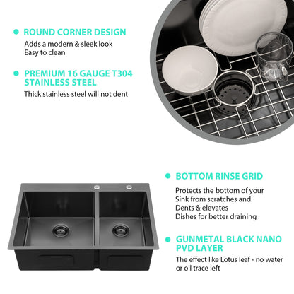 Lordear 33" Stainless Steel Gunmetal Black Double Bowl Drop-in Kitchen Sink  from Lordear