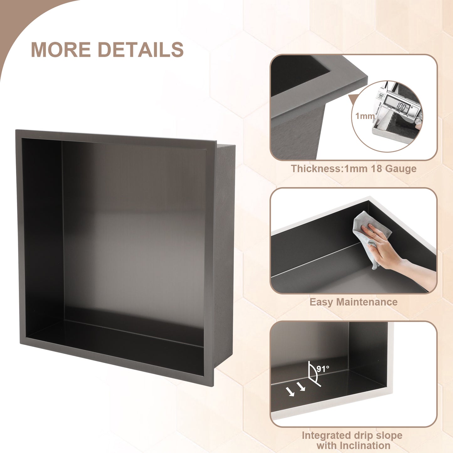 Lordear 14 x 14 Inch Stainless Steel Bathroom Niche Gunmetal Black Shower Wall Niche No Tile Recessed Square for Storage  from Lordear