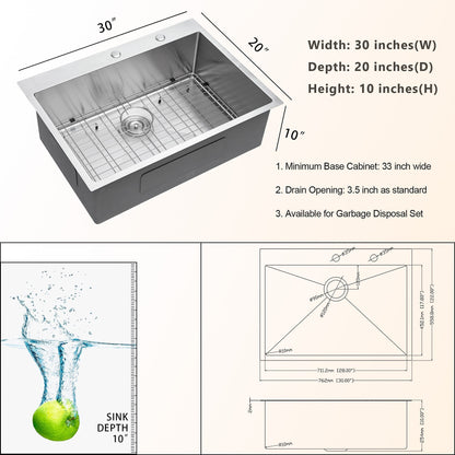 Lordear 30'' Drop In Stainless Steel Single Bowl Kitchen Sink with Bottom Grid and Strainer  from Lordear