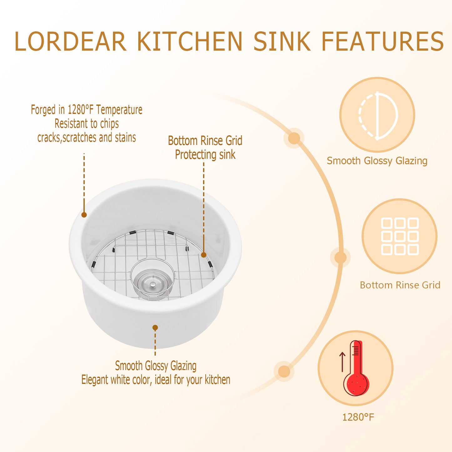Lordear 18" White Ceramic Round Undermount Single Bowl Bar Sink  from Lordear