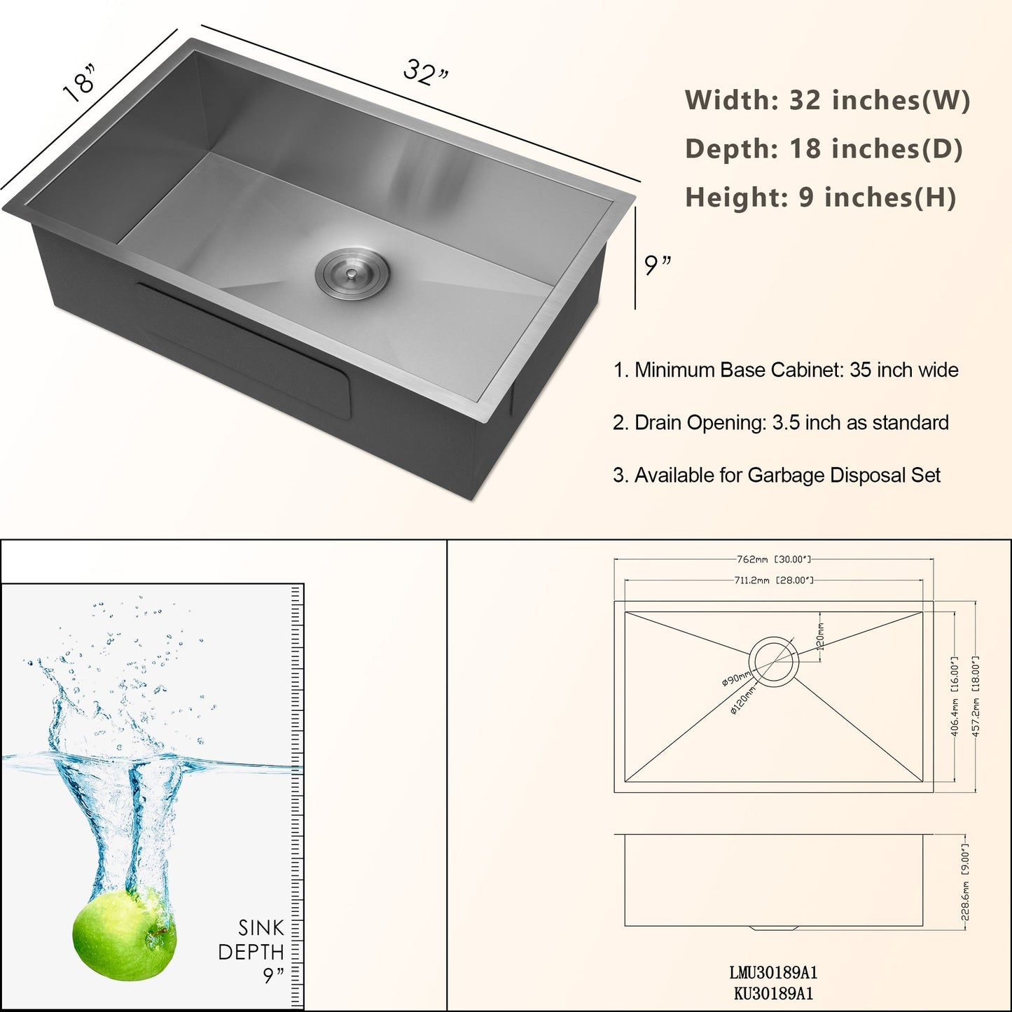 Lordear 30" Stainless Steel Undermount Single Bowl Kitchen Sink  from Lordear