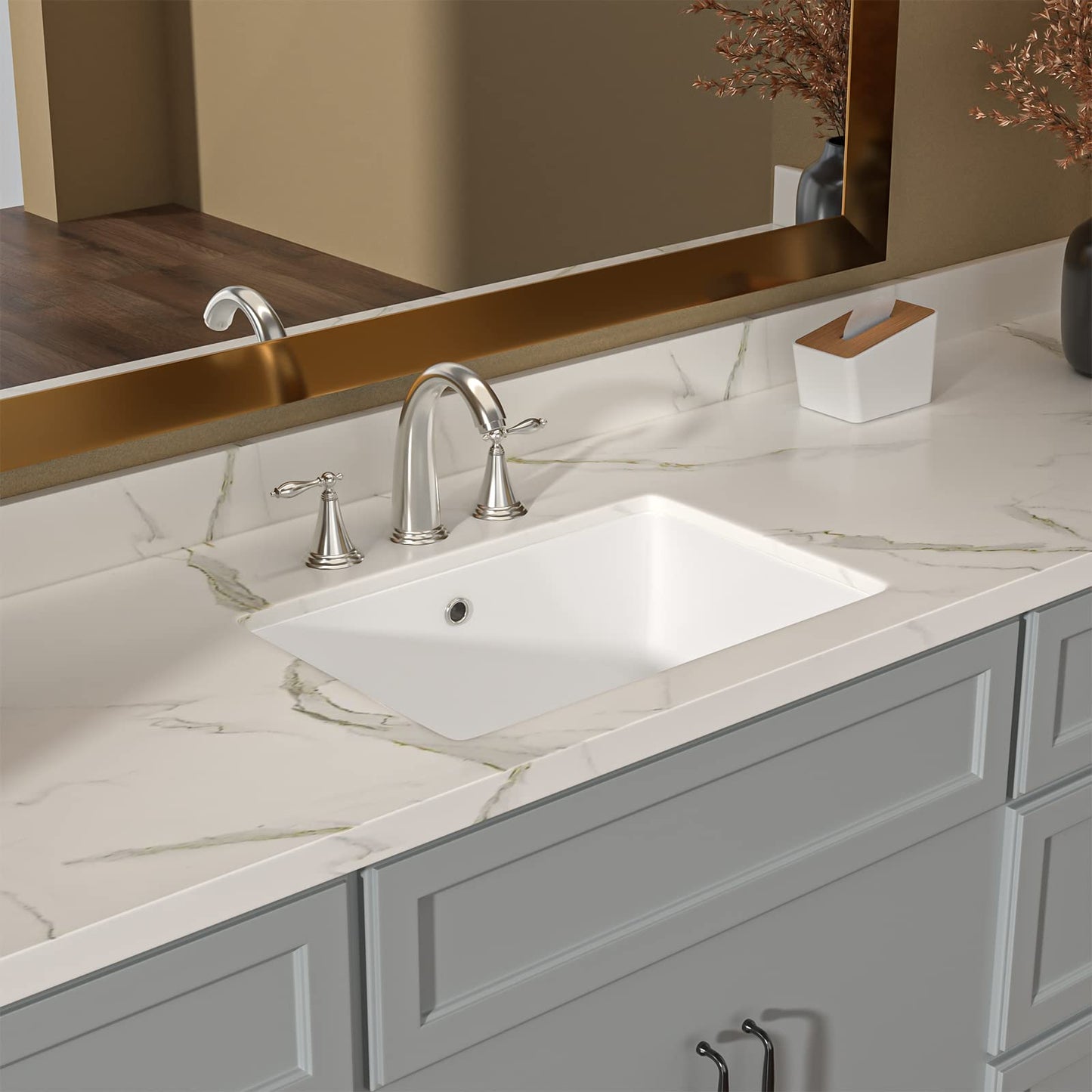 Lordear White Ceramic Rectangle Undermount Bathroom Sink with Overflow  from Lordear