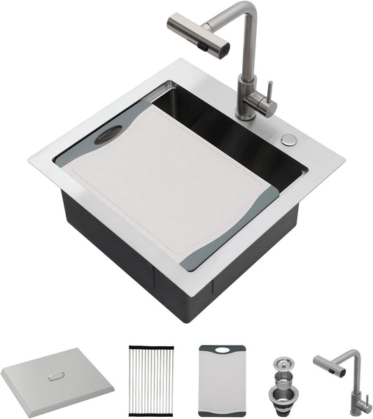 Lordear Drop In Outdoor Kitchen Sink Workstation with Pull-out Faucet 21'' x 20'' Bar Prep Sink 16 Gauge Stainless Steel Single Bowl Small Kitchen Camper Wet Bar Mobile Home RV Basin with Cover  from Lordear
