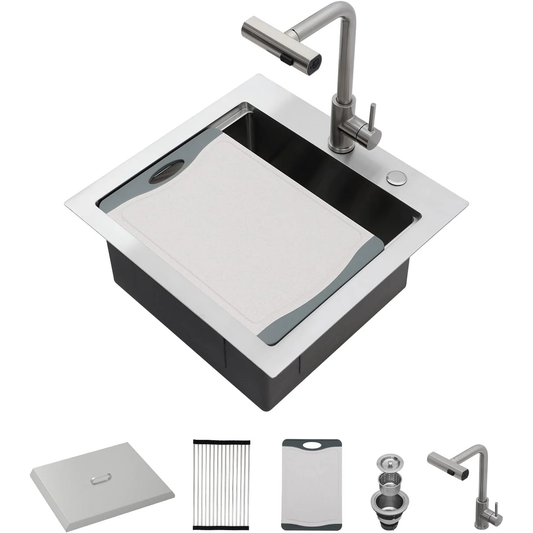 Lordear 21'' Stainless Steel Drop-in Single Bowl Outdoor Workstation Bar Sink with Pull-out Faucet and Cover  from Lordear