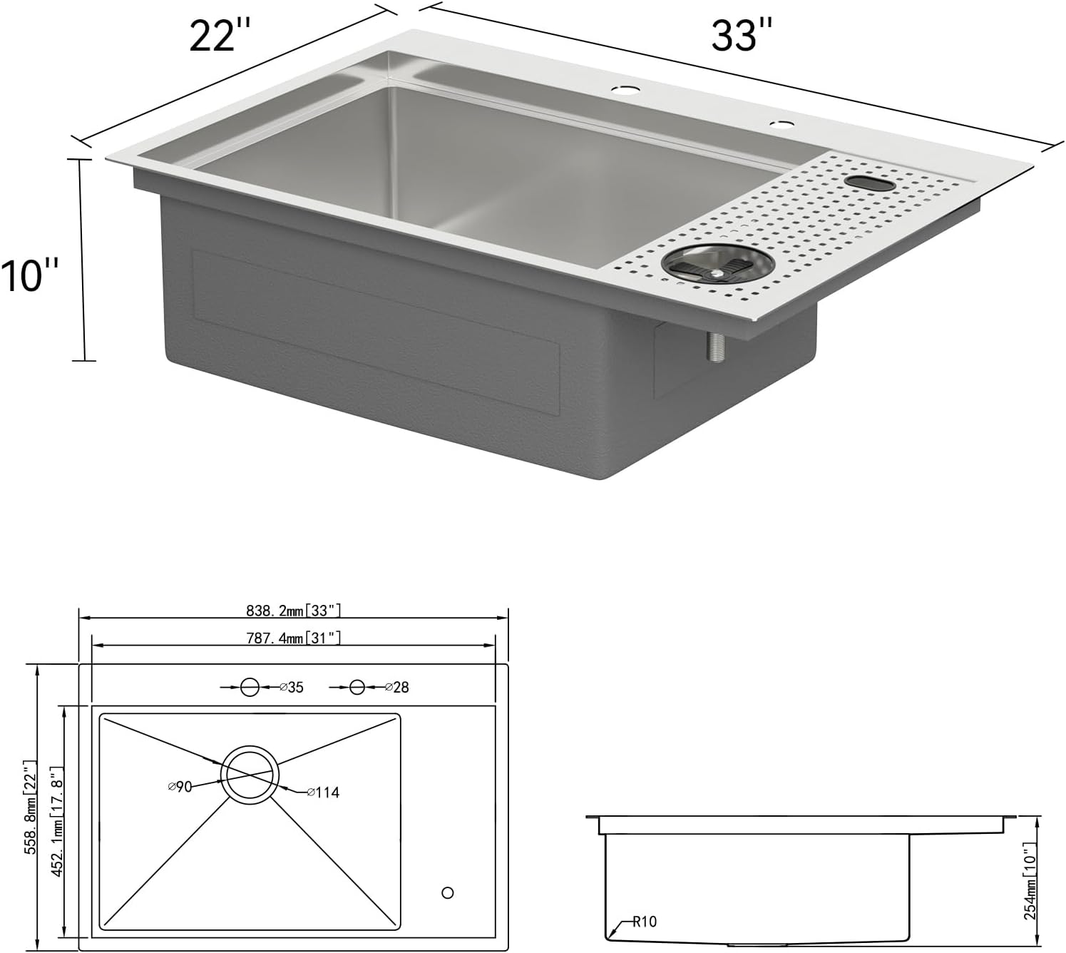 Lordear 33" Stainless Steel Drop In Single Bowl Workstation Kitchen Sink with Glass Rinser  from Lordear
