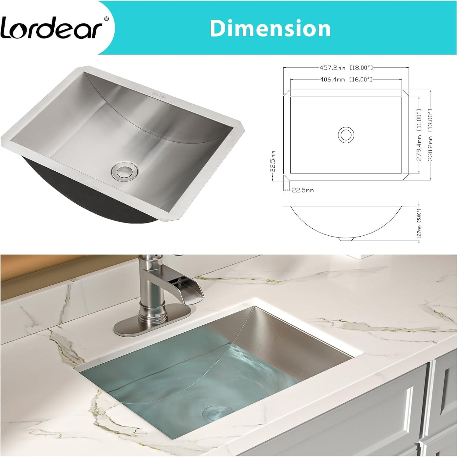 Lordear 18" Stainless Steel Undermount Rectangle Bathroom Sink with Drain  from Lordear