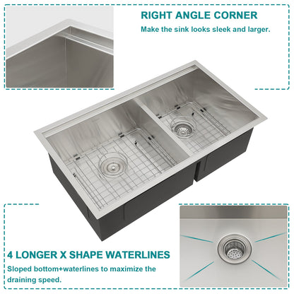 Lordear 33" Stainless Steel Double Bowl Undermount Low Divide Workstation Kitchen Sink  from Lordear